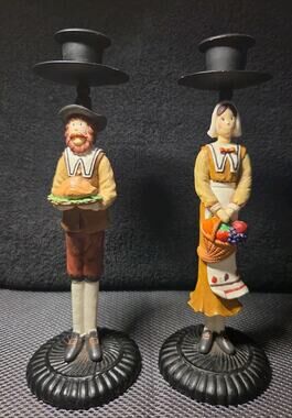 vintage Thanksgiving pilgrim couple candle holders 8.5" Tall